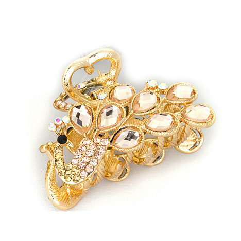 Hair Jewelry Crystal Rhinestone Peacock Metal Hair Clip Claw Clamp - Champagne